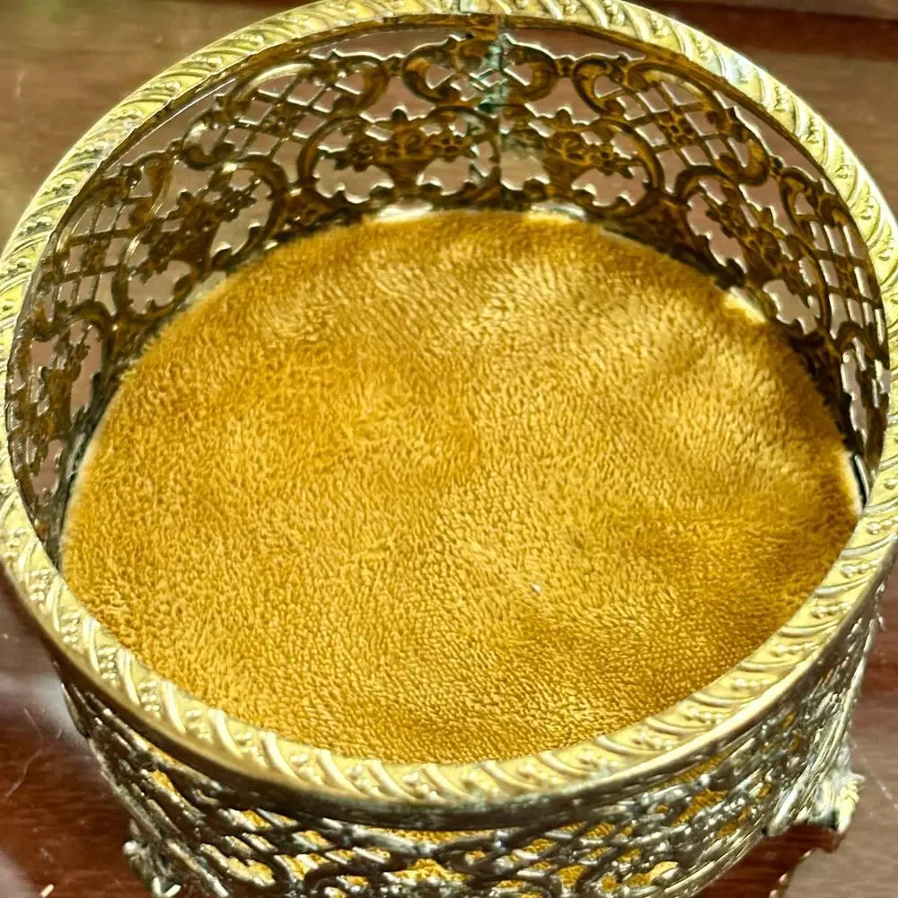 Vintage Gold Filigree Jewelry Casket Footed Trinket Box with Glass Lid
